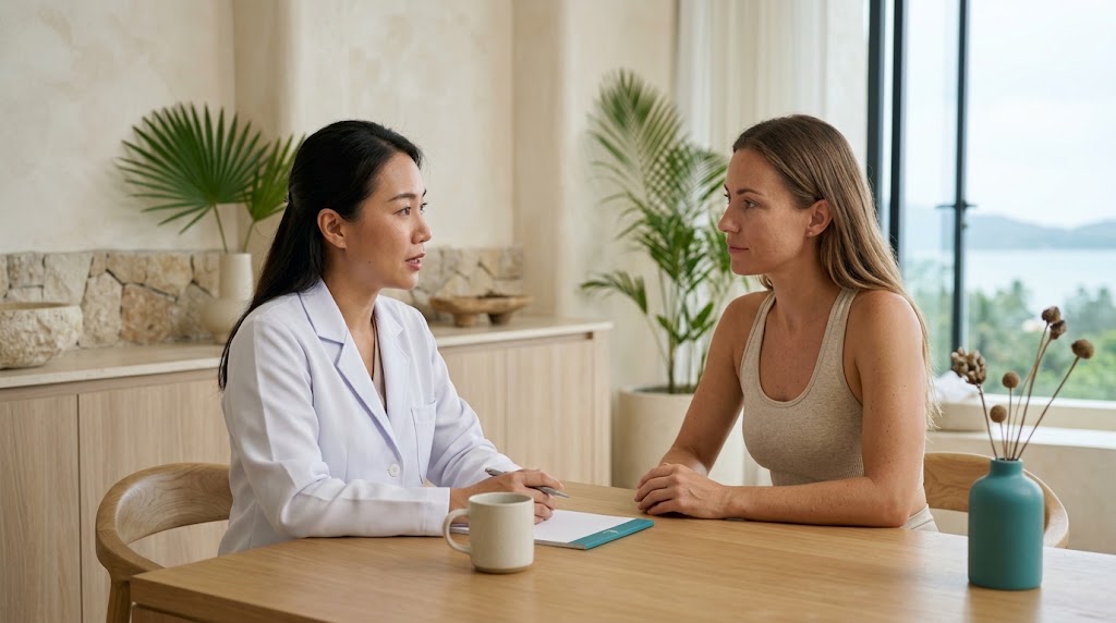 Doctor giving honest advice about body treatment expectations on Koh Samui