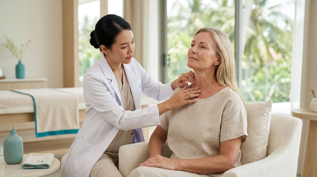 Doctor assessing crepey neck and decolletage skin texture at a Koh Samui clinic