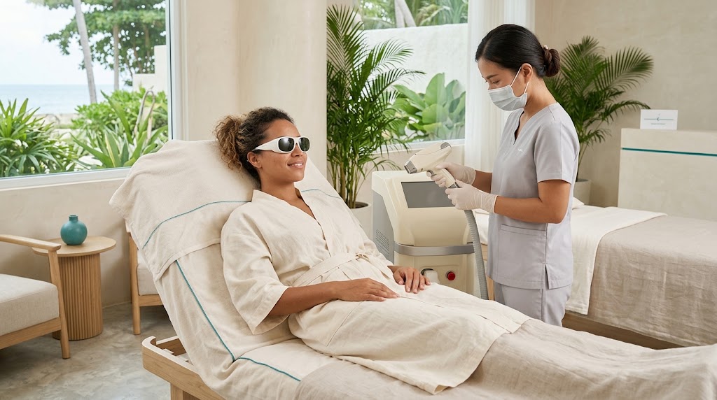 Relaxed woman in protective eyewear before a comfortable laser hair removal session on Koh Samui