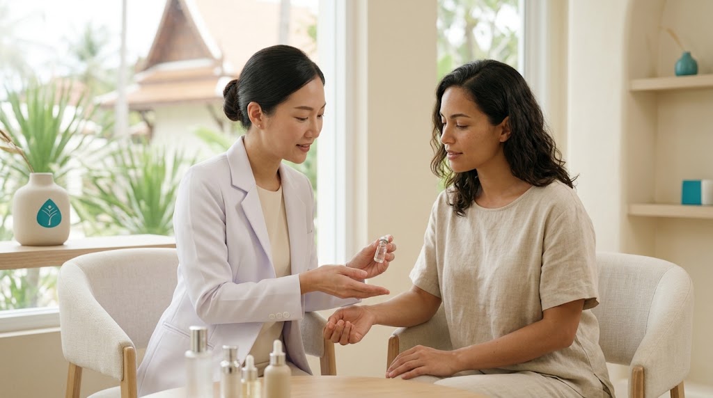 Doctor explaining laser hair removal side effects and safety to a client on Koh Samui