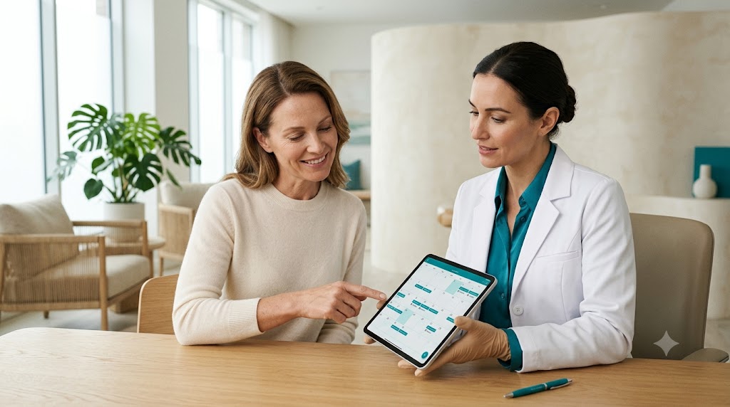 Doctor and client planning Botox timing before a beach holiday on a tablet at a Koh Samui clinic