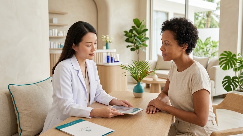 Doctor explaining biostimulator treatment planning to a client at a Koh Samui clinic