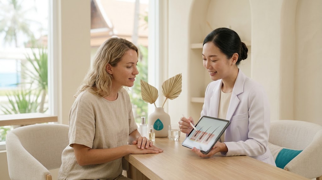 Doctor comparing laser hair removal and waxing options with a client at a Koh Samui clinic