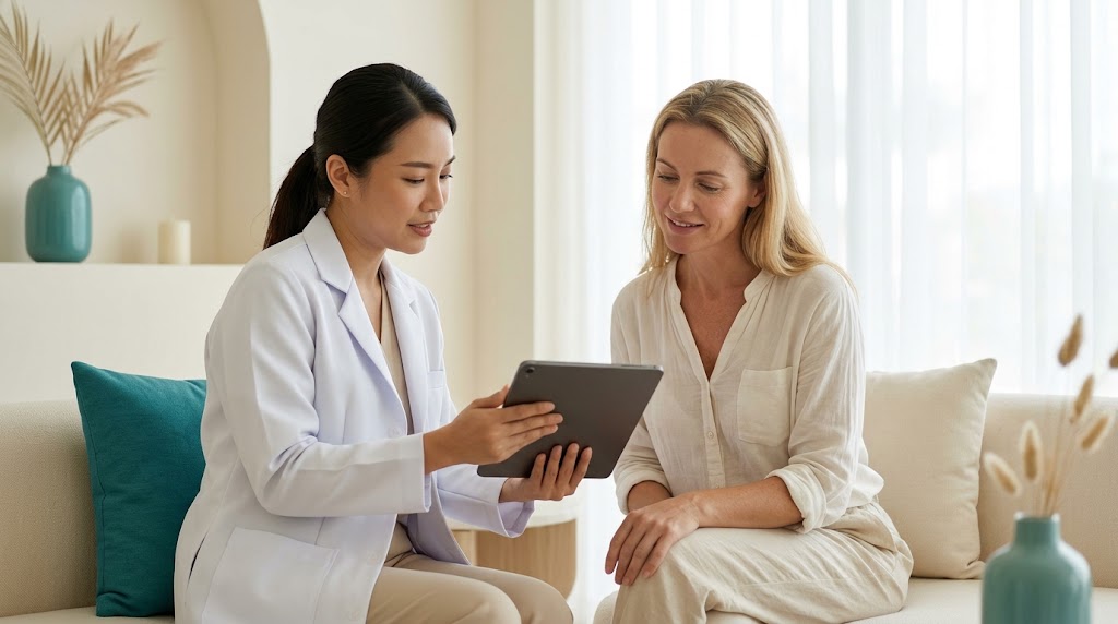 Doctor reviewing an ongoing treatment plan with a long-term expat client on Koh Samui
