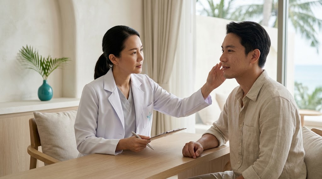 Doctor giving honest safety advice about IV skin whitening treatments on Koh Samui