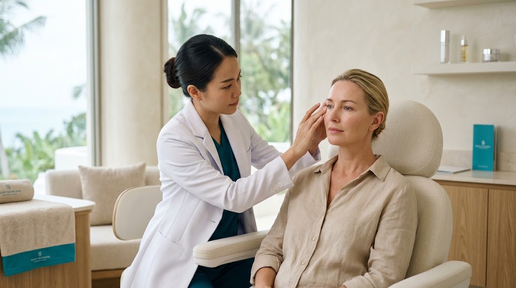Doctor assessing temple hollowing and upper face volume at a Koh Samui clinic