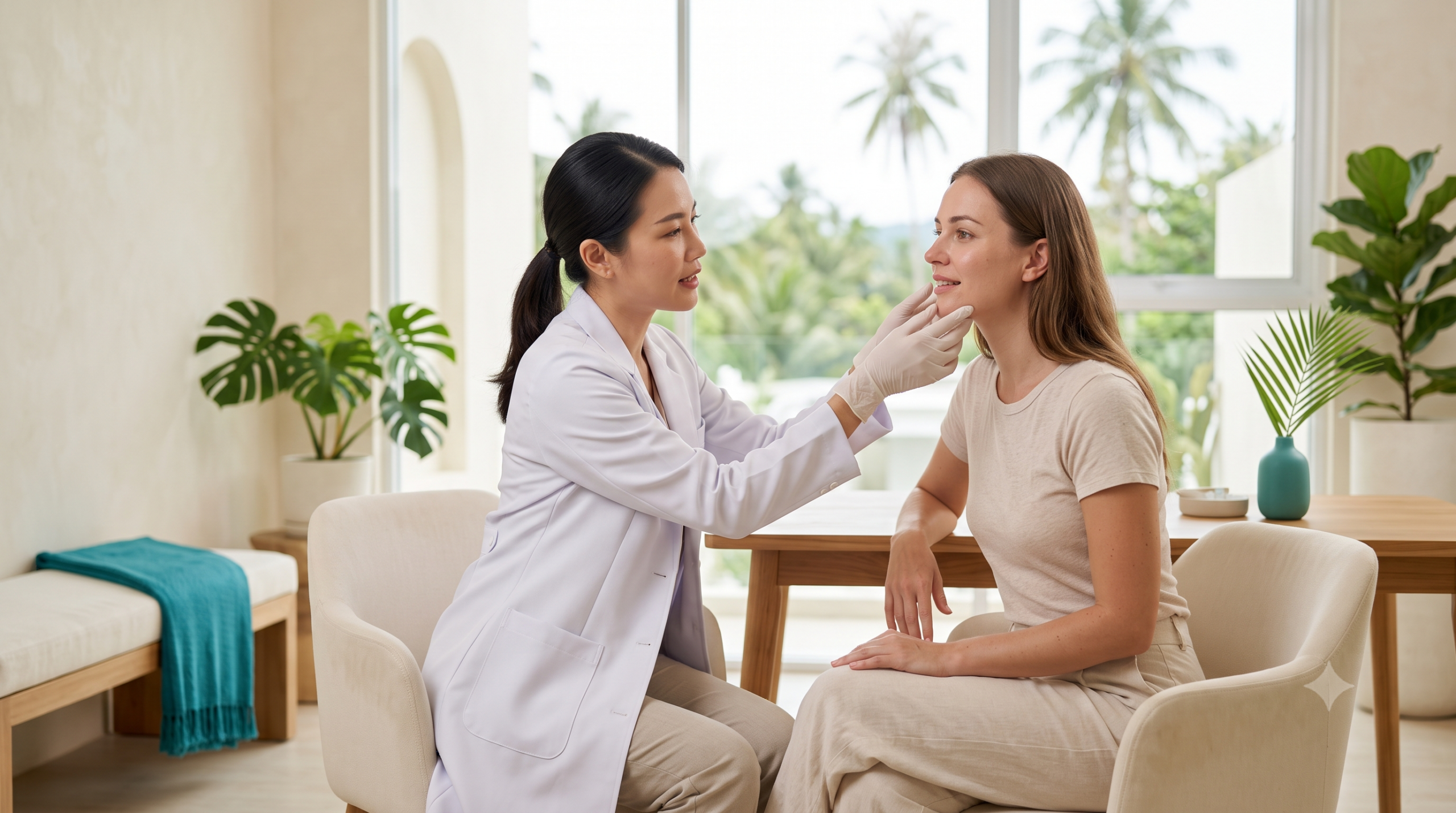 Doctor assessing a client's lips during a filler consultation at a bright Koh Samui clinic