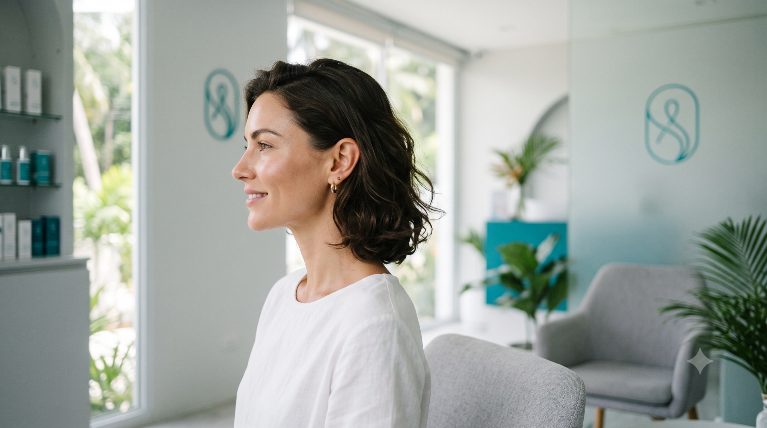 Woman with a defined jawline and sculpted cheeks at a bright Koh Samui aesthetic clinic