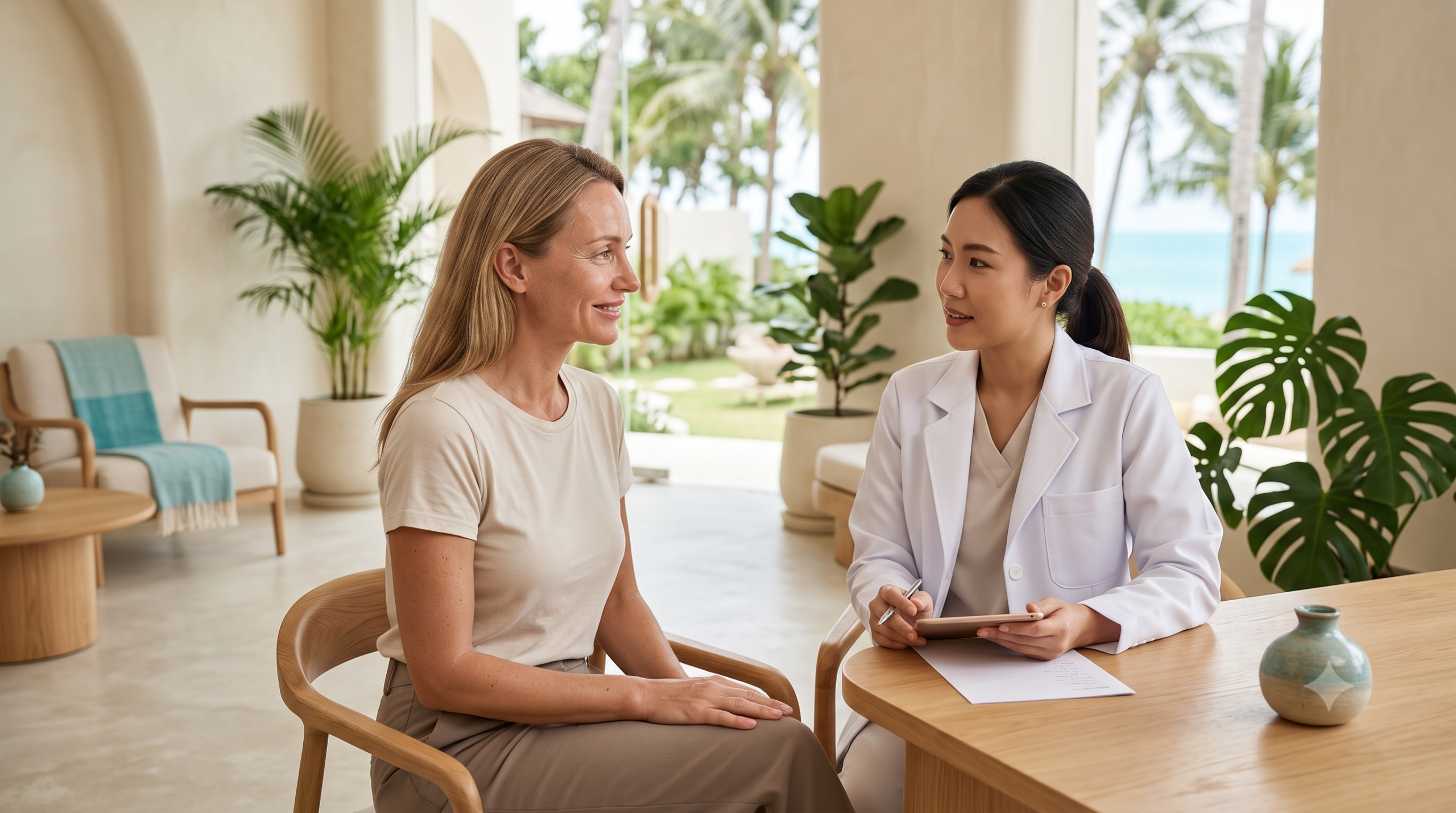 Woman with firm glowing skin discussing skin tightening options at a bright Koh Samui clinic