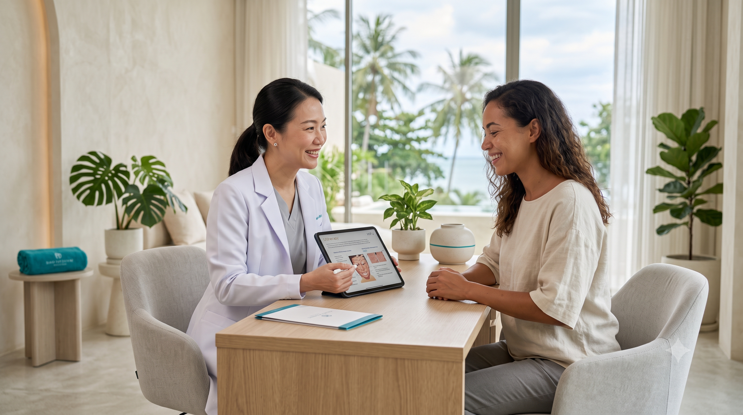 Doctor explaining RF skin tightening options to a client at a bright Koh Samui clinic