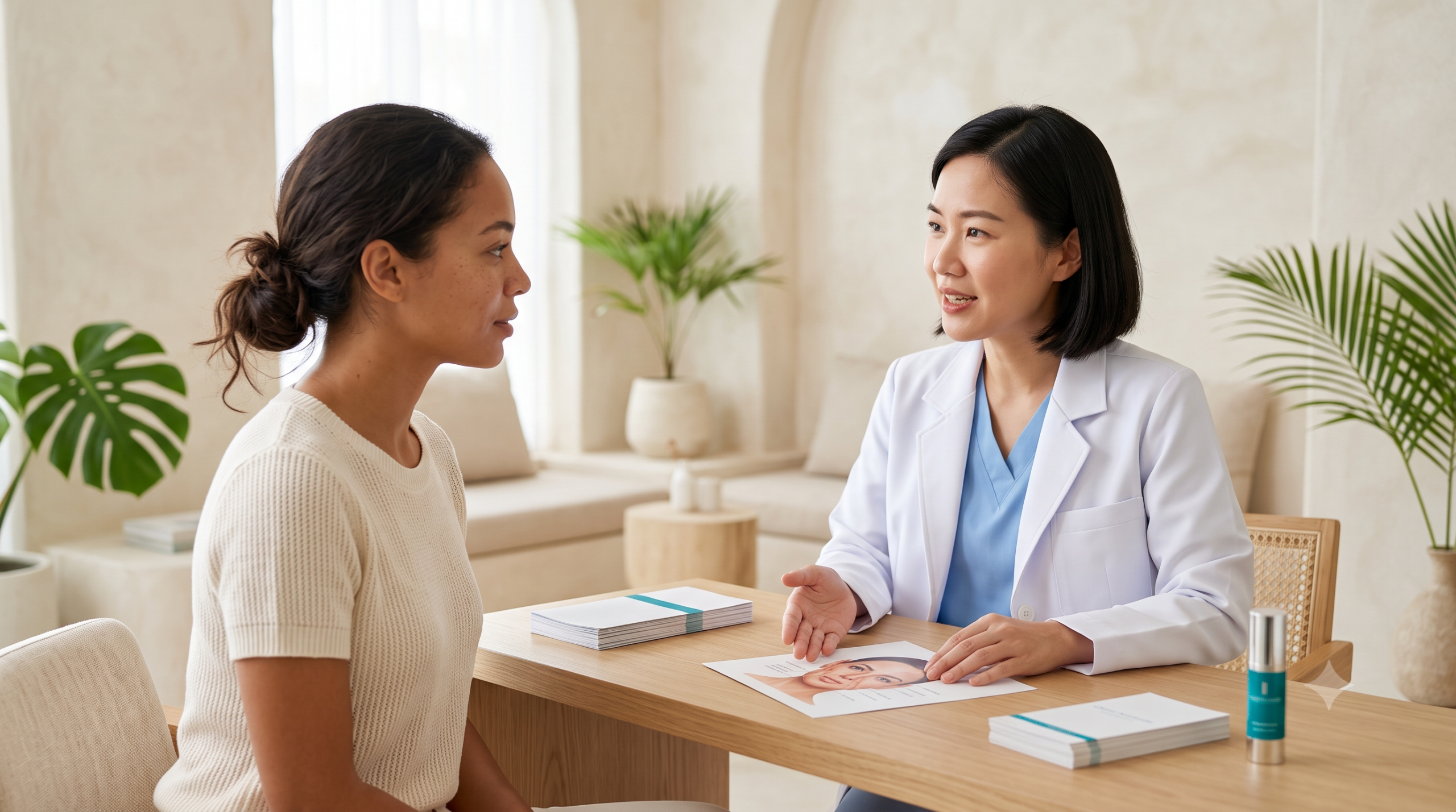 Doctor explaining dermal filler side effects and safety to a client at a Koh Samui clinic