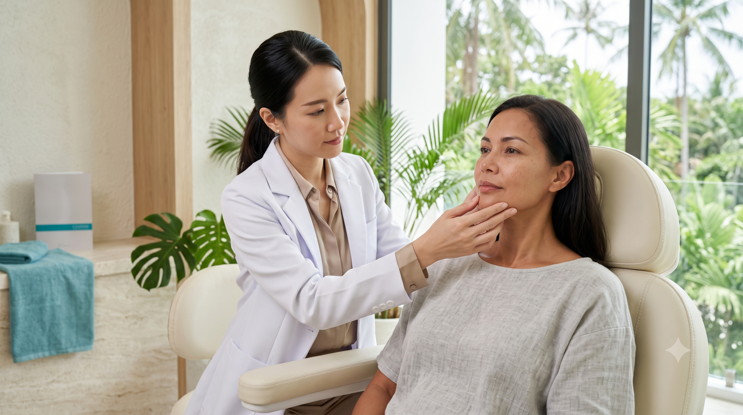 Doctor assessing jowls to compare HIFU and thread lift options at a Koh Samui clinic