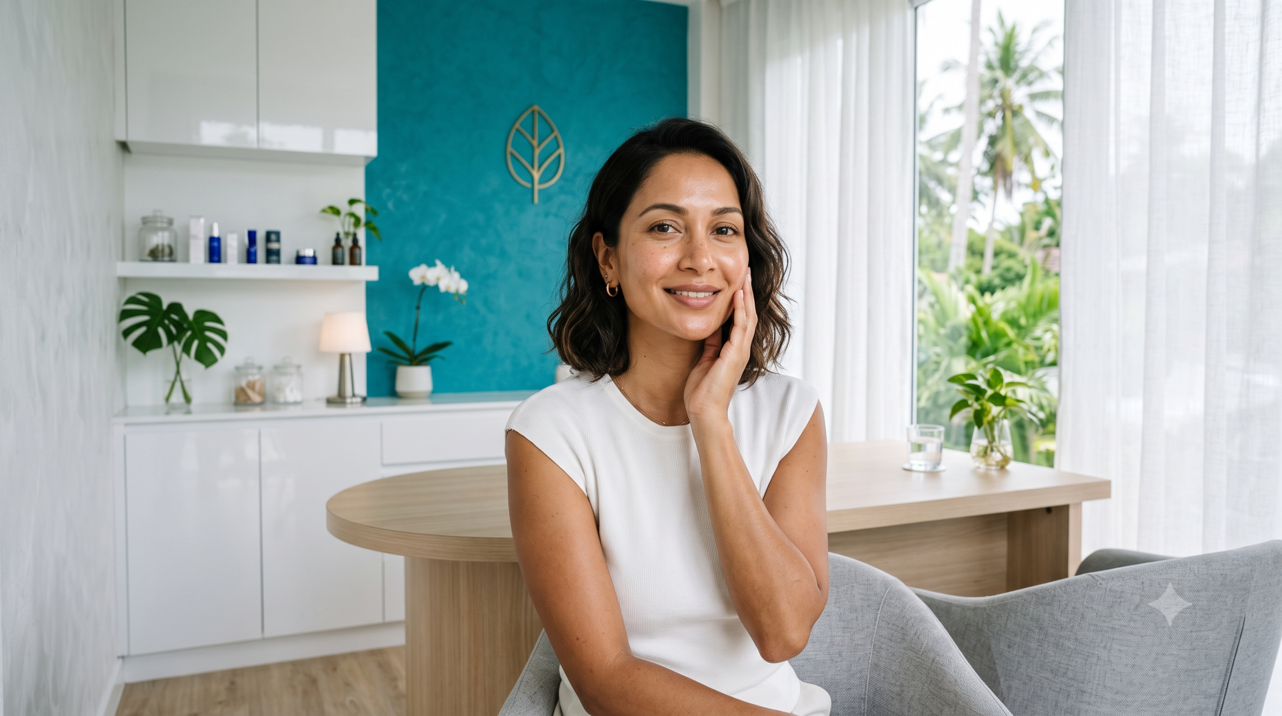 Woman with glowing skin at a bright Koh Samui aesthetic clinic learning about biostimulator collagen treatments