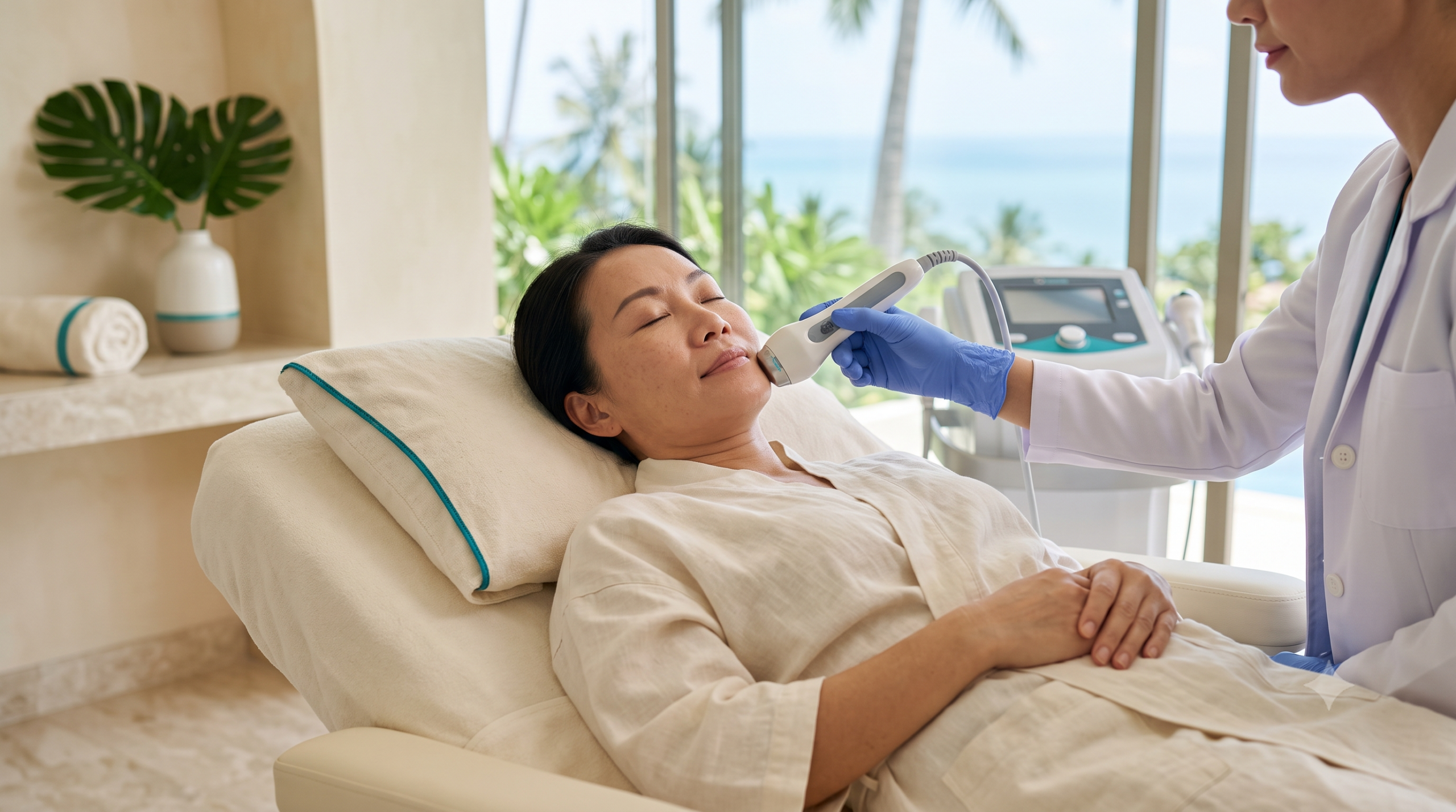 Woman receiving a Thermage radiofrequency skin tightening treatment on the cheek at a Koh Samui clinic