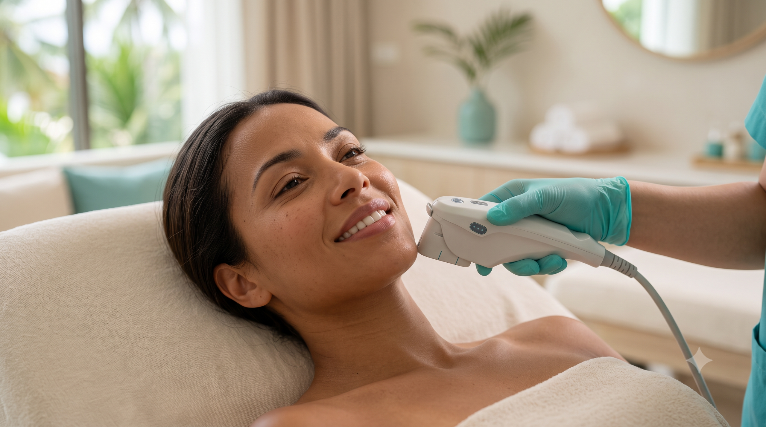 Woman receiving a HIFU focused-ultrasound skin tightening treatment along the jawline on Koh Samui