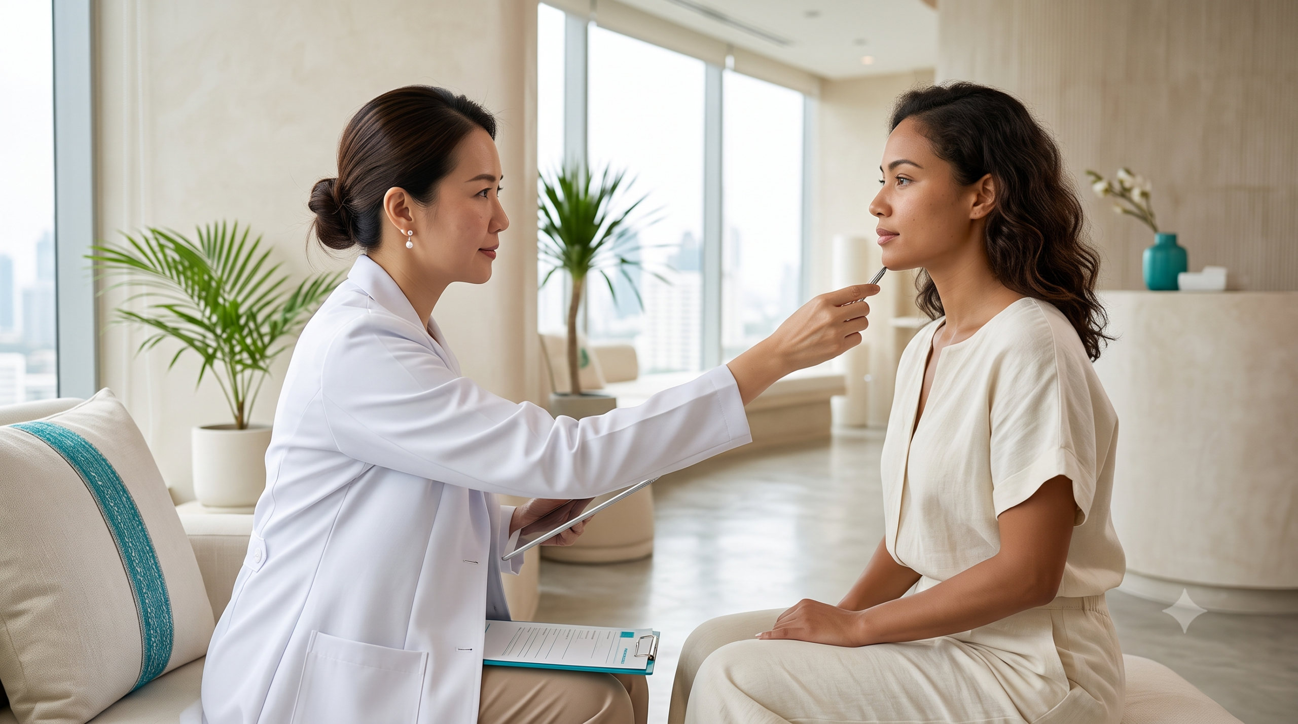 Doctor assessing a client's chin and profile for chin filler at a Koh Samui clinic