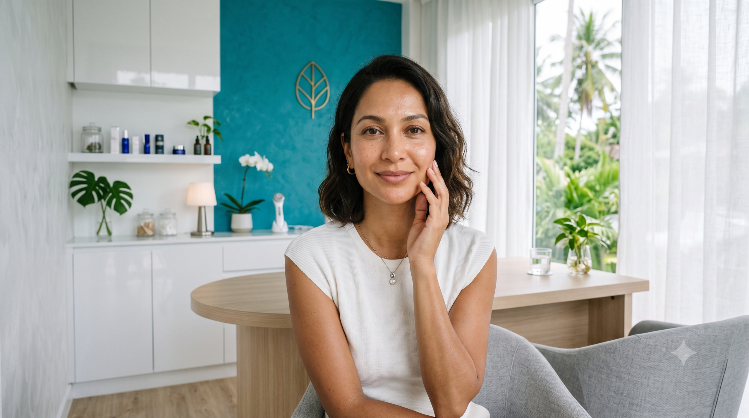 Woman with restored cheek volume and glowing skin at a bright Koh Samui clinic considering Sculptra