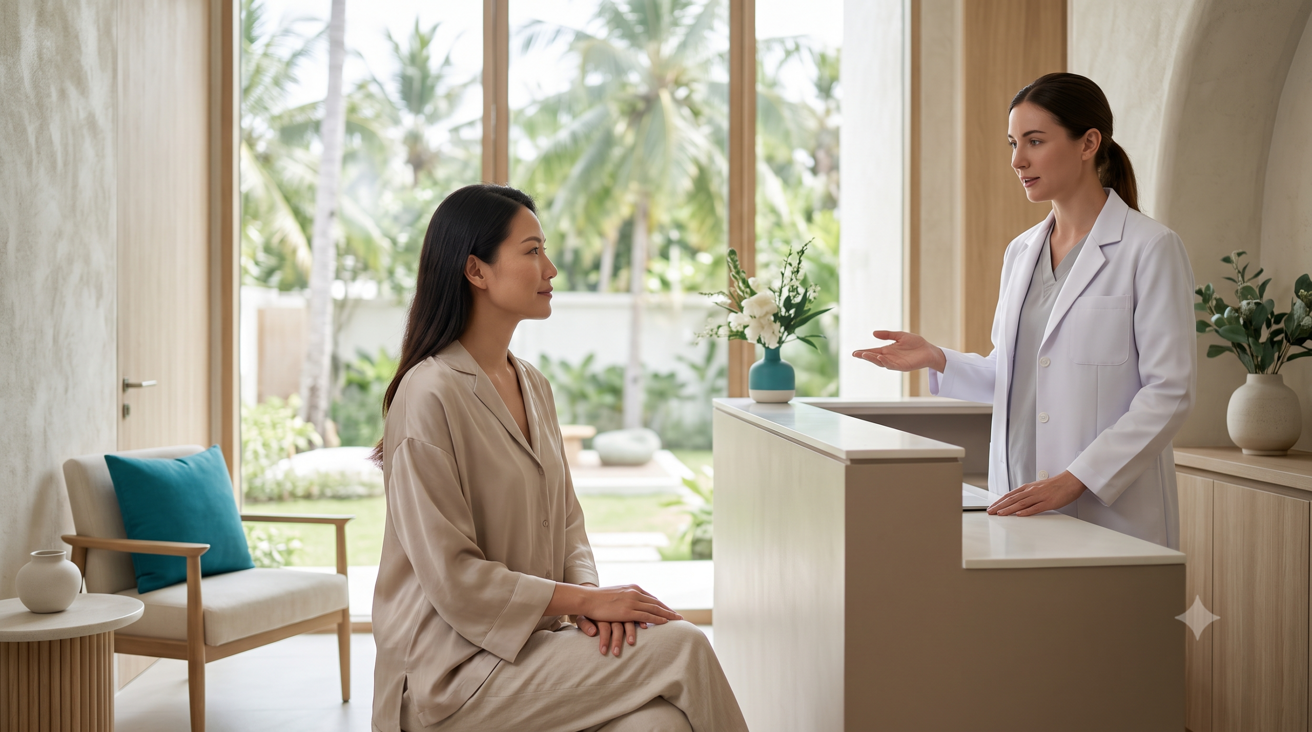 Woman with a softly defined jawline at a bright premium Koh Samui clinic
