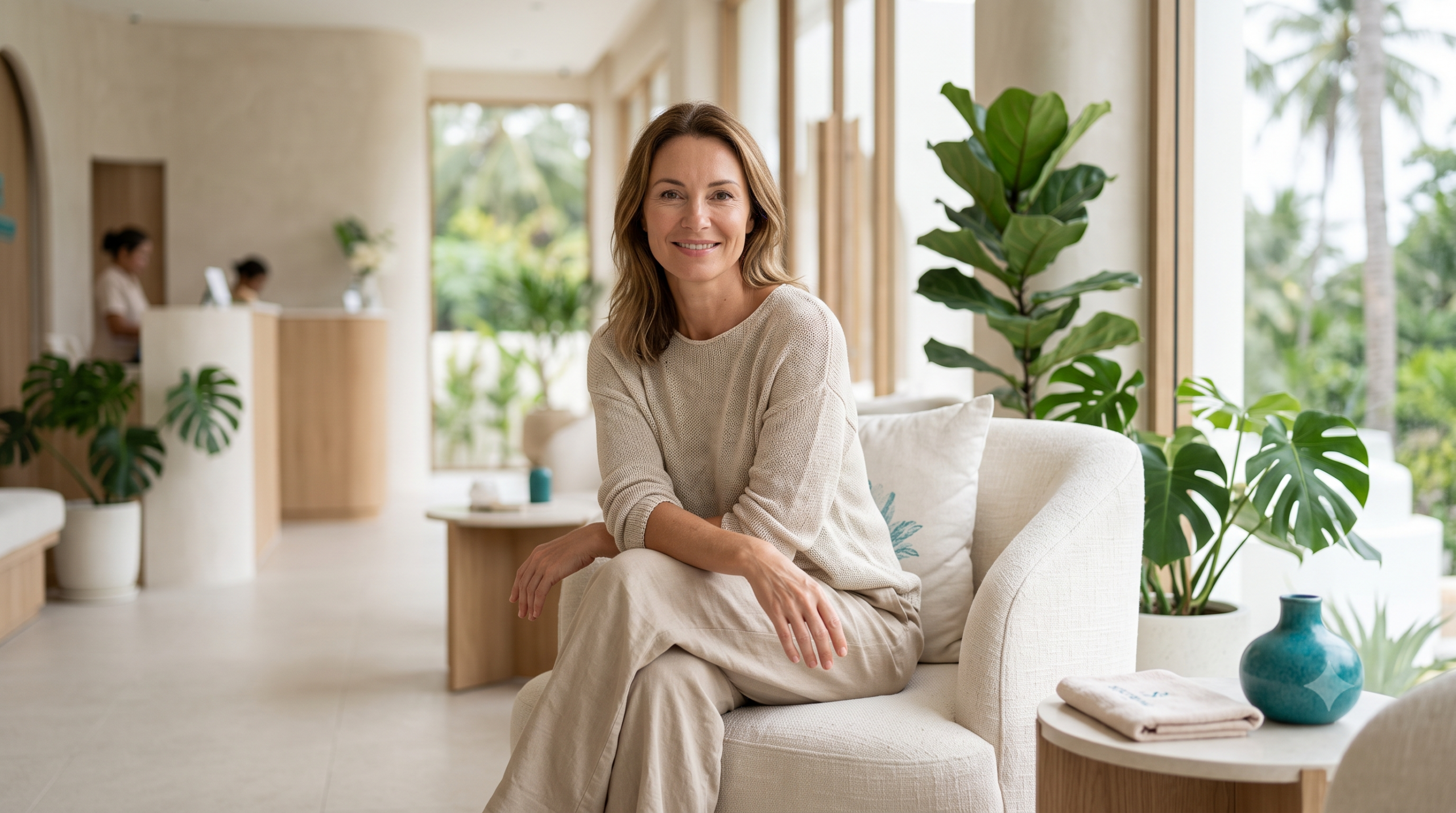 Woman with firm healthy skin at a bright premium focused-ultrasound skin tightening clinic in Thailand