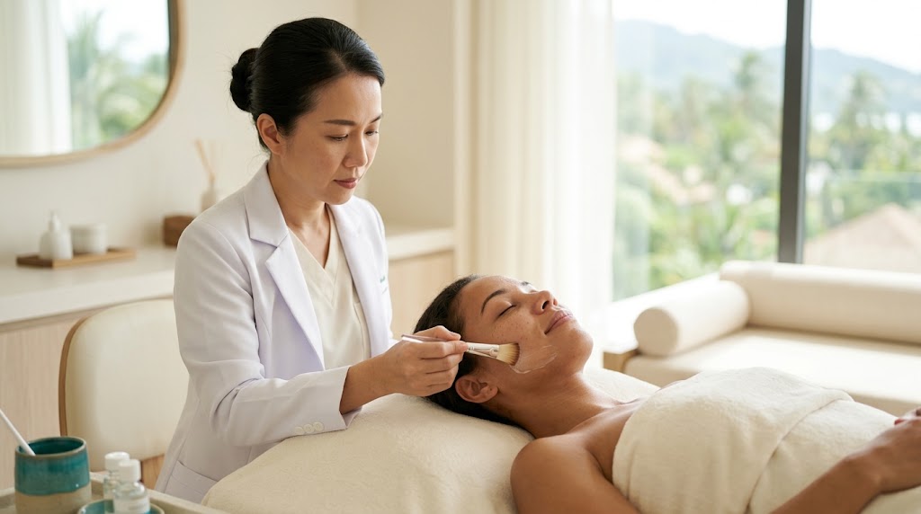 Clinician applying a chemical peel treatment at a bright Koh Samui clinic