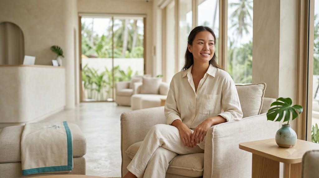 Woman with natural balanced lips smiling softly at a bright premium Koh Samui clinic