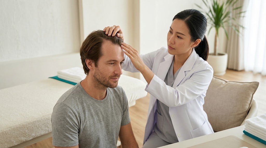 Doctor assessing a man's scalp and hairline for hair loss treatment on Koh Samui
