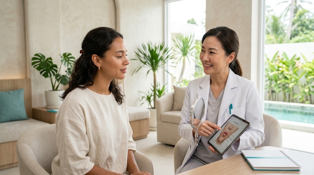 Woman consulting a doctor about natural lip filler at a bright Koh Samui clinic