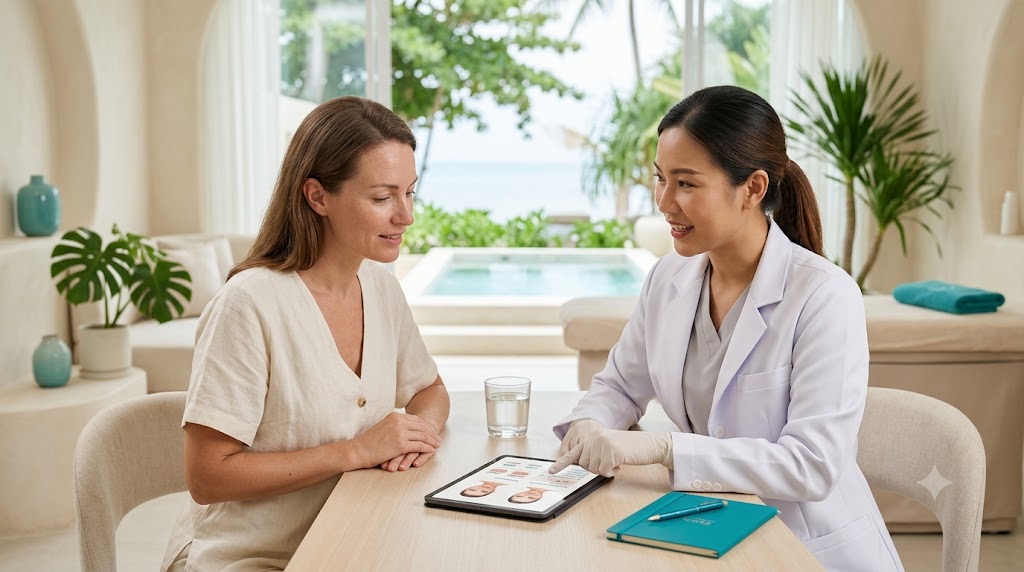 Doctor and client reviewing dermal filler pricing on a tablet at a bright Koh Samui clinic