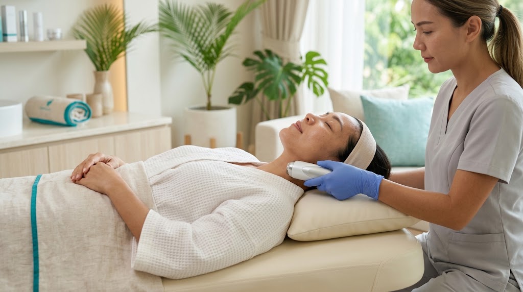 Woman receiving a neck and under-chin skin tightening treatment at a Koh Samui clinic
