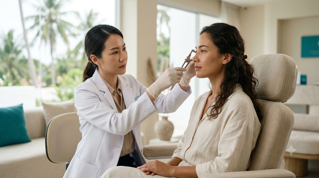 Doctor assessing a client's nose profile for a non-surgical nose job at a Koh Samui clinic