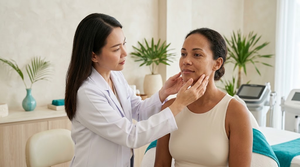 Doctor assessing a client's mid-face and jawline for a thread lift at a Koh Samui clinic
