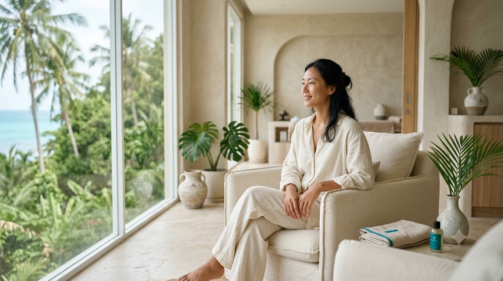 Woman relaxing in a bright premium aesthetic clinic on Koh Phangan before dermal filler