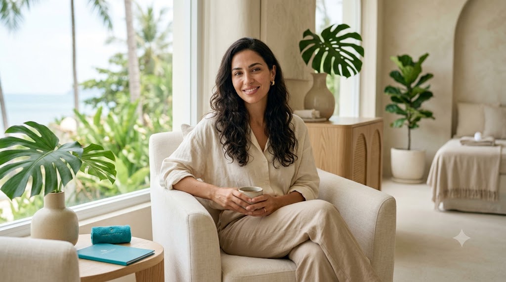 Woman with naturally lifted cheeks and glowing skin at a bright premium Koh Samui clinic