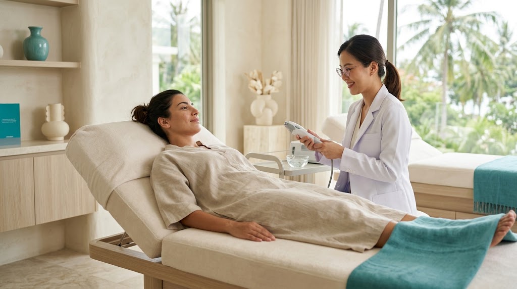 Relaxed woman comfortable on a treatment bed before a HIFU skin tightening session on Koh Samui
