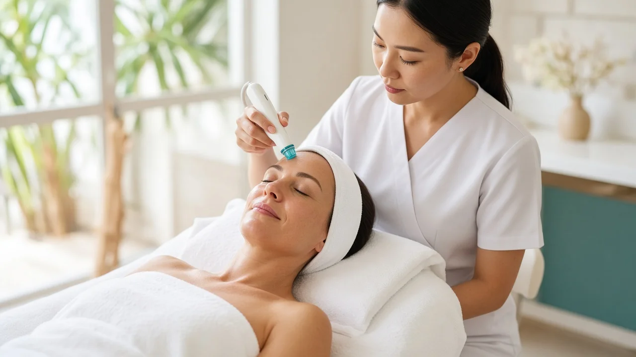 Woman with healthy glowing skin during a rejuvenation treatment at a Koh Samui clinic