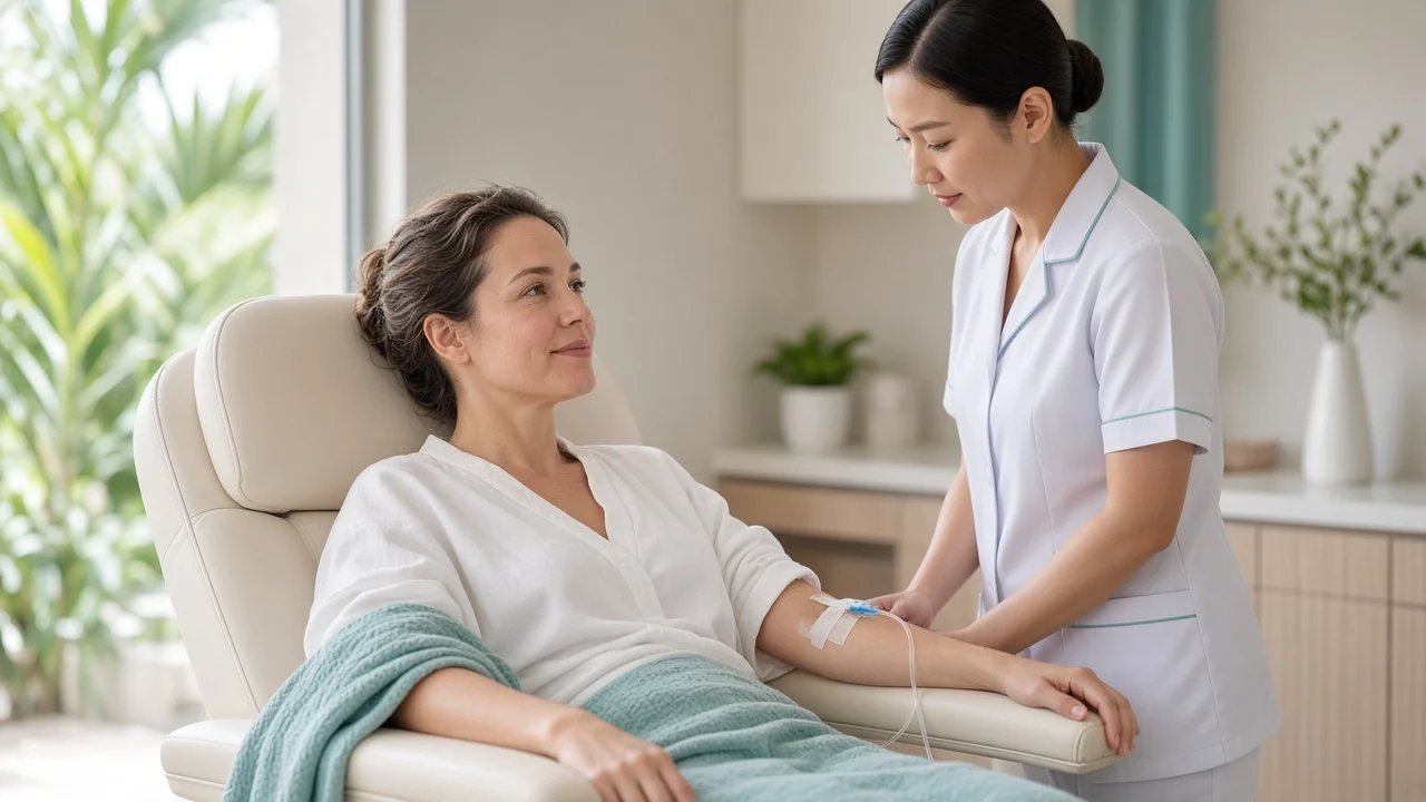 Nurse supervising a client receiving an IV vitamin drip at a Koh Samui clinic