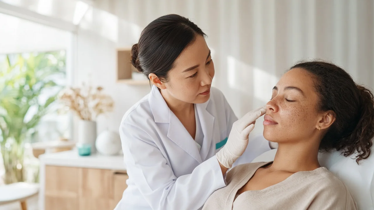 Doctor examining skin texture and pore appearance at a Koh Samui clinic