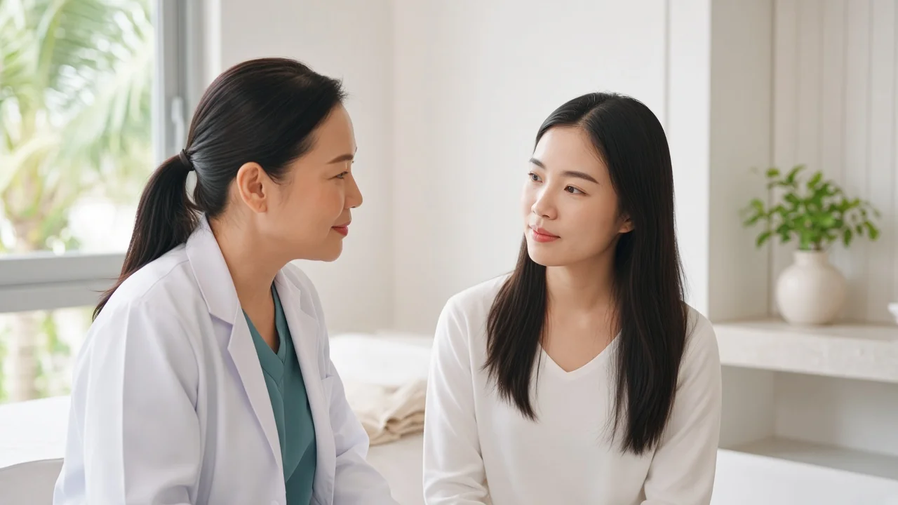 Doctor consulting a young woman about acne treatment at a Koh Samui clinic