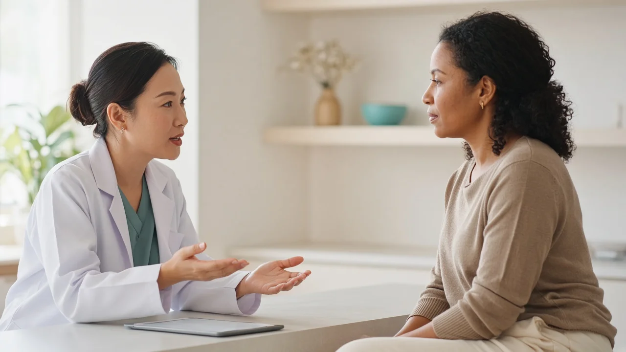 Doctor discussing stretch mark treatment options with a client at a Koh Samui clinic