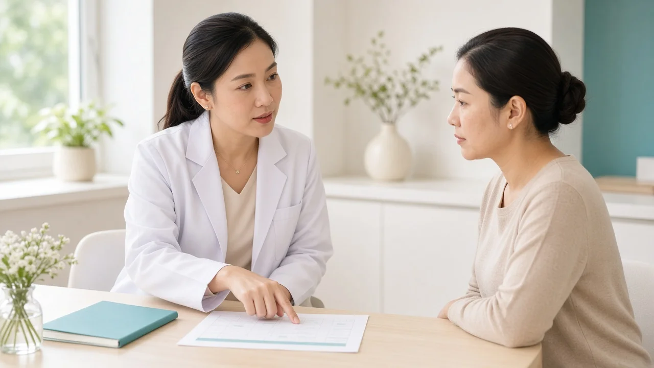 Doctor helping a patient plan dental and filler appointments on a calendar