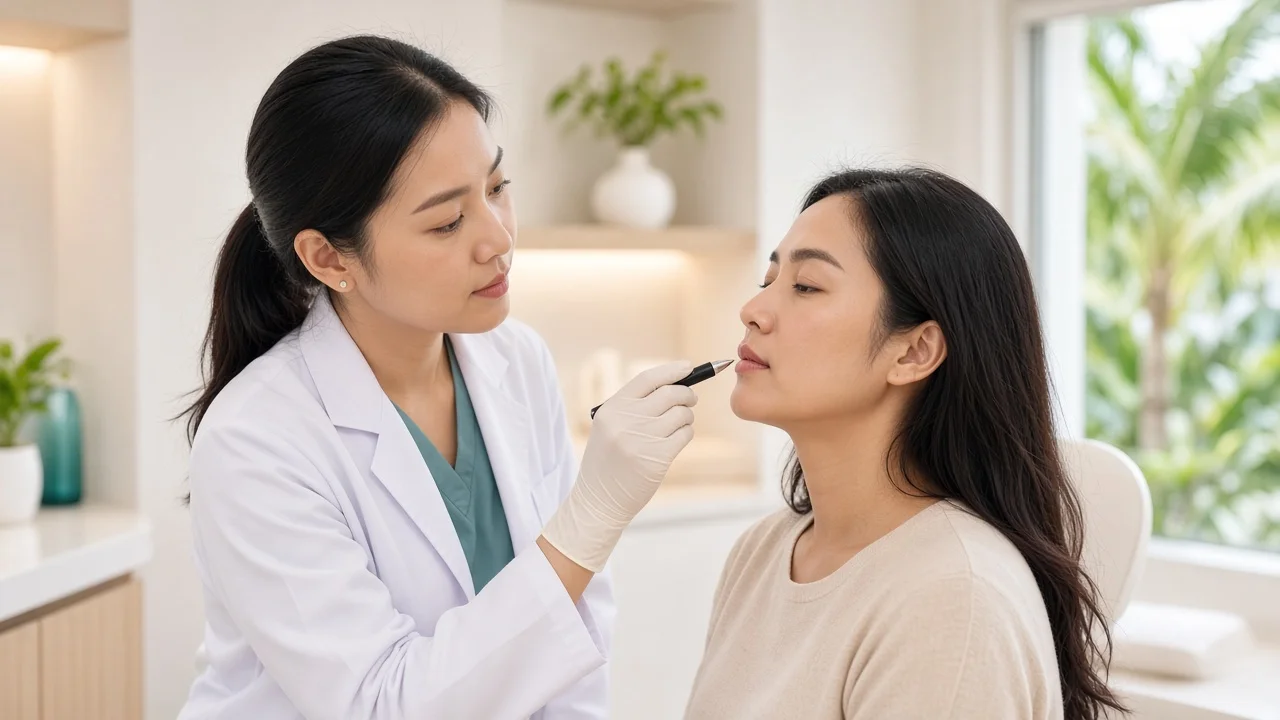 Doctor examining a patient's lips with a small light before lip filler