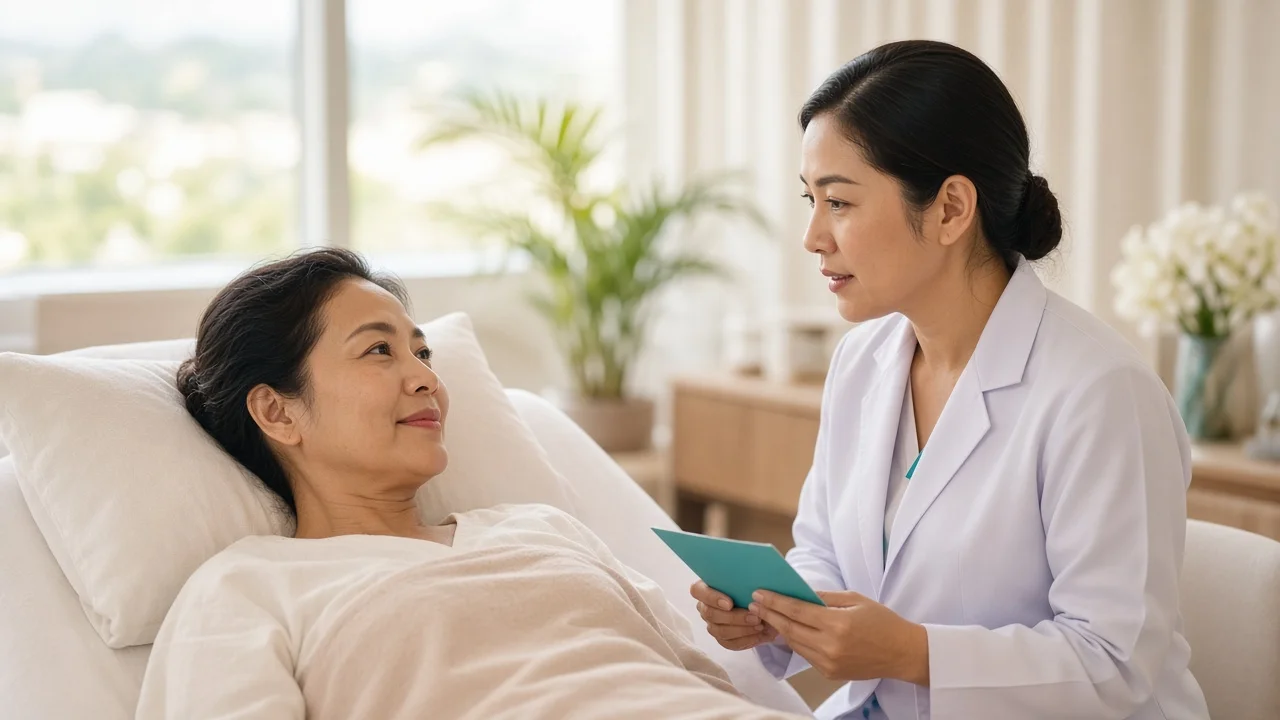 Patient resting with her head raised while a doctor explains thread lift aftercare