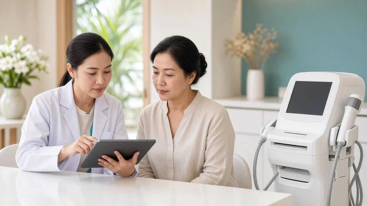 Doctor reviewing a treatment plan on a tablet with a patient beside a HIFU device