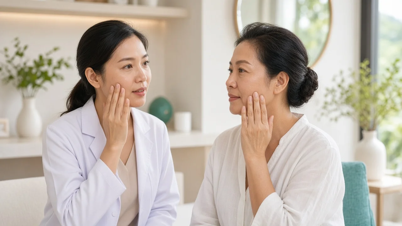 Doctor demonstrating gentle cheek massage to a patient after Sculptra treatment
