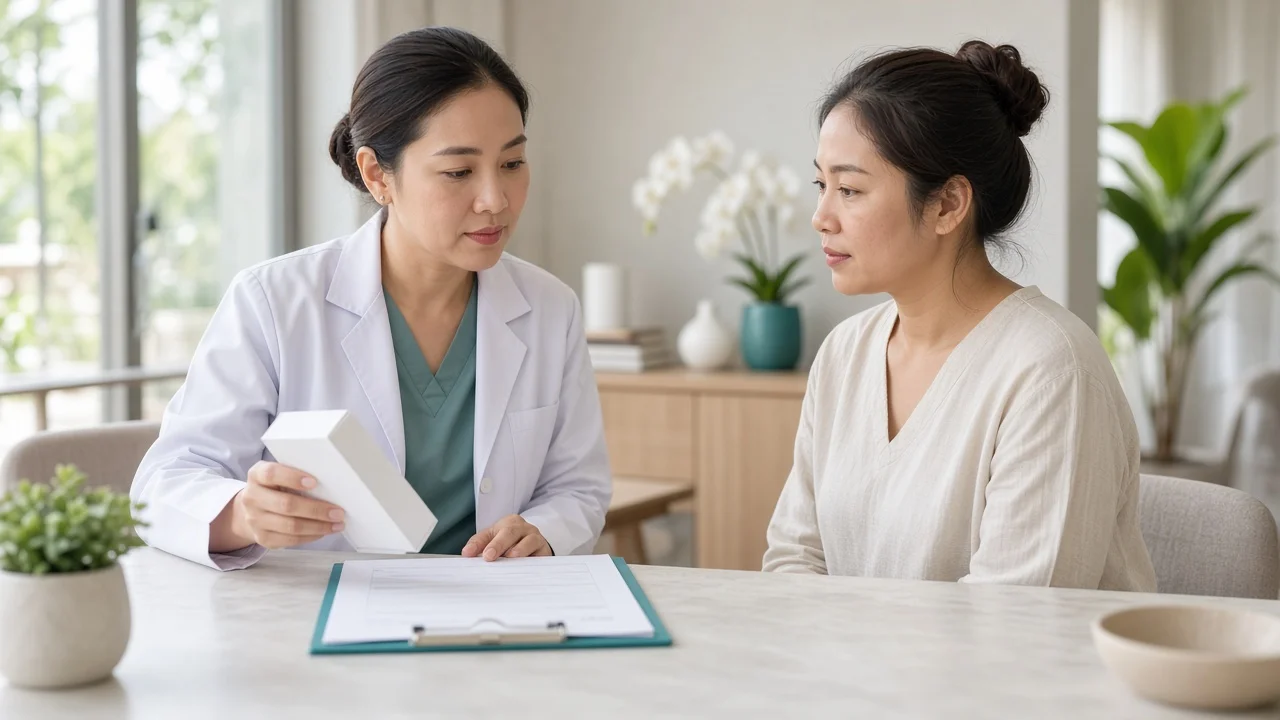 Doctor reviewing a patient's medicine and medical form before laser treatment