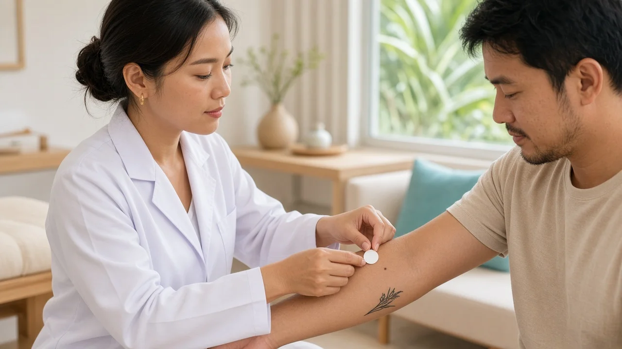 Doctor covering a mole with a protective sticker near a tattoo before laser