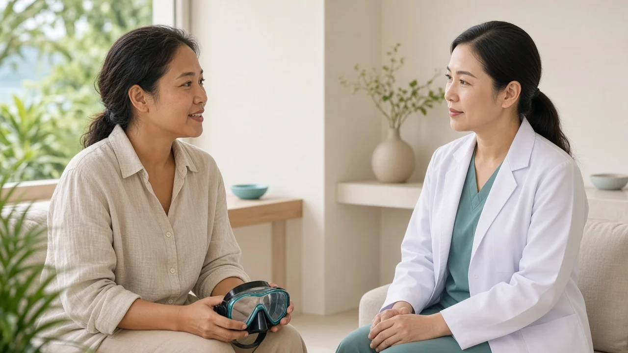 Patient holding a dive mask while discussing treatment timing with a doctor