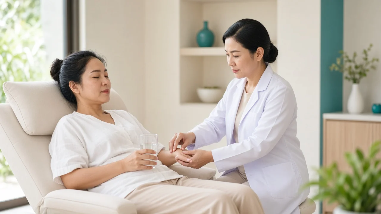 Doctor checking the pulse of a patient resting with a glass of water