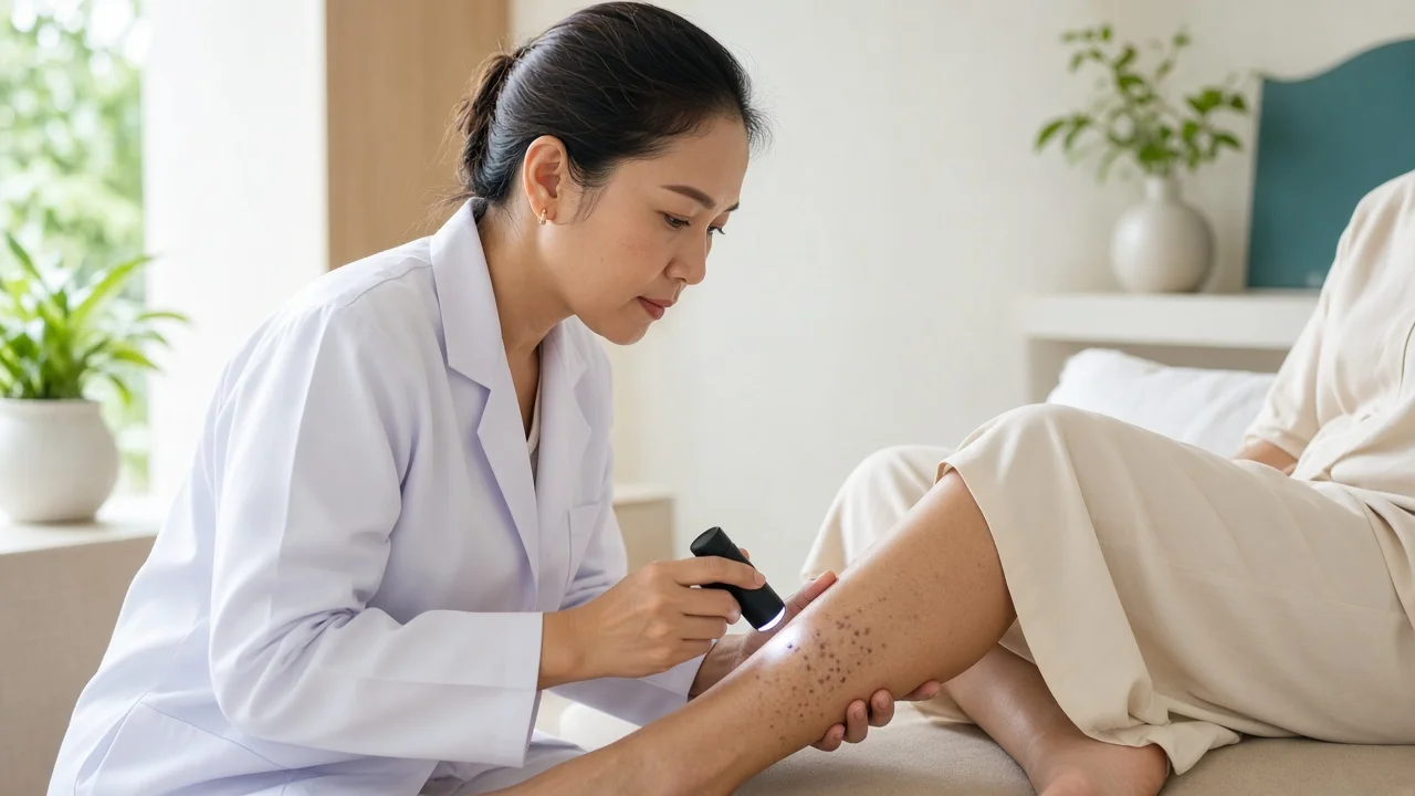 Doctor examining small dark marks on a patient's lower leg with a skin light