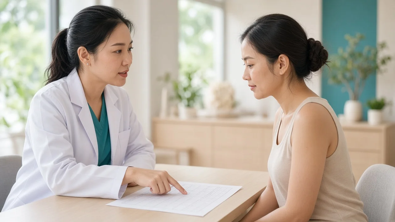 Doctor helping a patient plan laser hair removal sessions on a monthly calendar